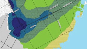 Um mapa, apresentado numa reunião pública em Etobicoke, na quarta-feira, 15 janeiro, 2014, mostra uma alta concentração de benzeno (roxo) em torno da junção da Highway 427 e a Gardiner Expressway