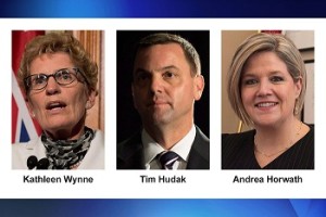 Os líderes partidários do Ontário, a partir da esquerda, a Liberal Kathleen Wynne, o Conservador Tim Hudak e Andrea Horwath (NDP), são mostrados nestas fotos recentes. THE CANADIAN PRESS/stf.