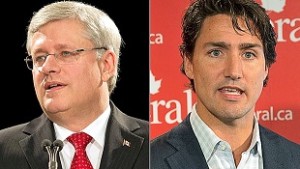 As sondagens mais recentes sugerem que nem o primeiro-ministro Stephen Harper, nem o líder Liberal Justin Trudeau têm a vantagem nas intenções de voto nacionais. (Canadian Press)