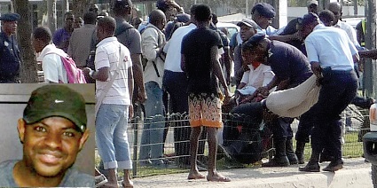 Polícia voltou a travar manifestação da oposição em Luanda (foto de arquivo). Horas antes, um militante do CASA-CE (foto pequena) terá sido morto pela Guarda Presidencial quando colava cartazes na capital (Foto de Estele Maussion/AFP PHOTO)