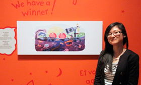 Cindy Tang, 17, vencedora do concurso Doodle 4 Google, posa com o seu trabalho no Royal Ontario Museum (ROM) em Toronto, na terça-feira 25 fevereiro de 2014. THE CANADIAN PRESS/Angela Hennessy