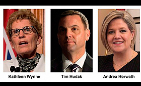 Os líderes partidários do Ontário, a partir da esquerda, a liberal Kathleen Wynne, o conservador Tim Hudak e a líder do NDP, Andrea Horwath. THE CANADIAN PRESS/stf.