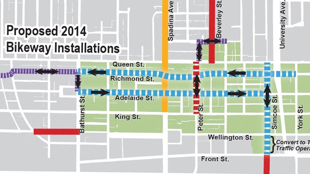 Uma divulgação da cidade de Toronto mostra a atual rede ciclovia para o projeto piloto Richmond-Adelaide